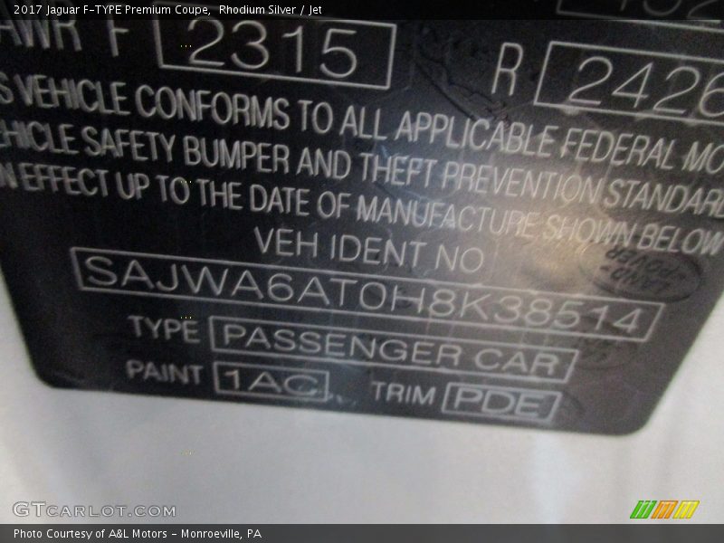 2017 F-TYPE Premium Coupe Rhodium Silver Color Code 1AC