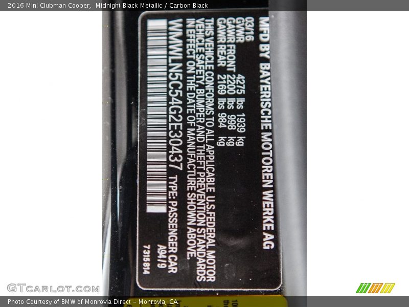 Midnight Black Metallic / Carbon Black 2016 Mini Clubman Cooper