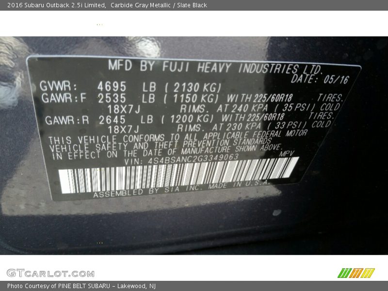 Carbide Gray Metallic / Slate Black 2016 Subaru Outback 2.5i Limited