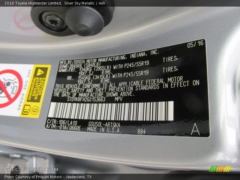 Silver Sky Metallic / Ash 2016 Toyota Highlander Limited