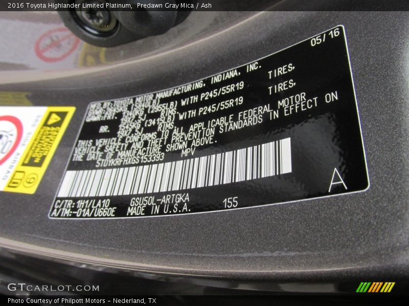 Predawn Gray Mica / Ash 2016 Toyota Highlander Limited Platinum