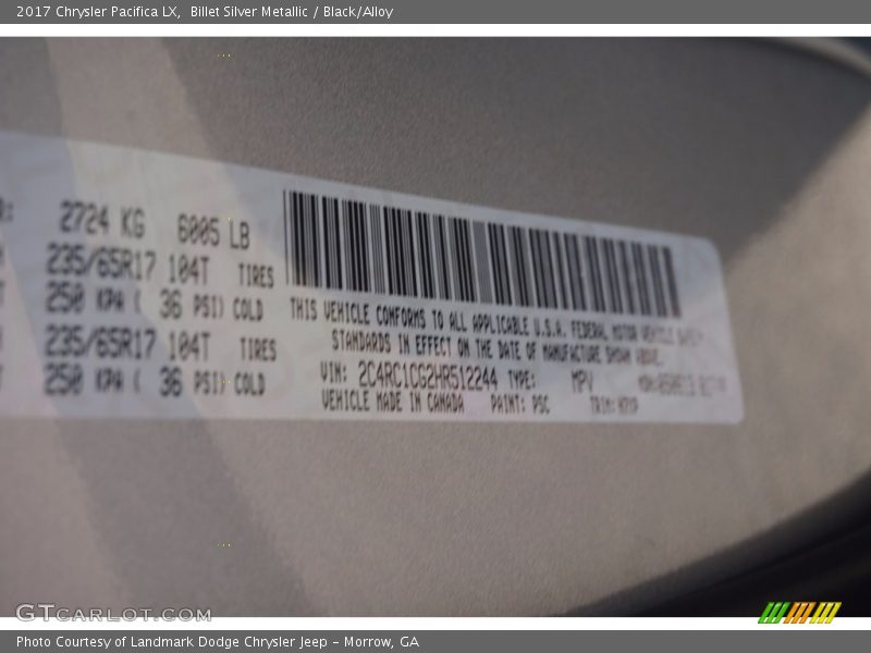 Billet Silver Metallic / Black/Alloy 2017 Chrysler Pacifica LX