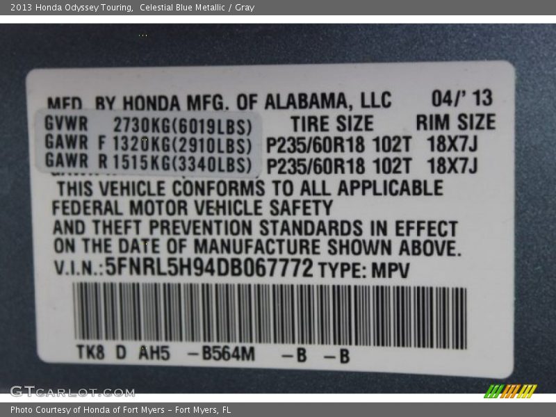 Celestial Blue Metallic / Gray 2013 Honda Odyssey Touring