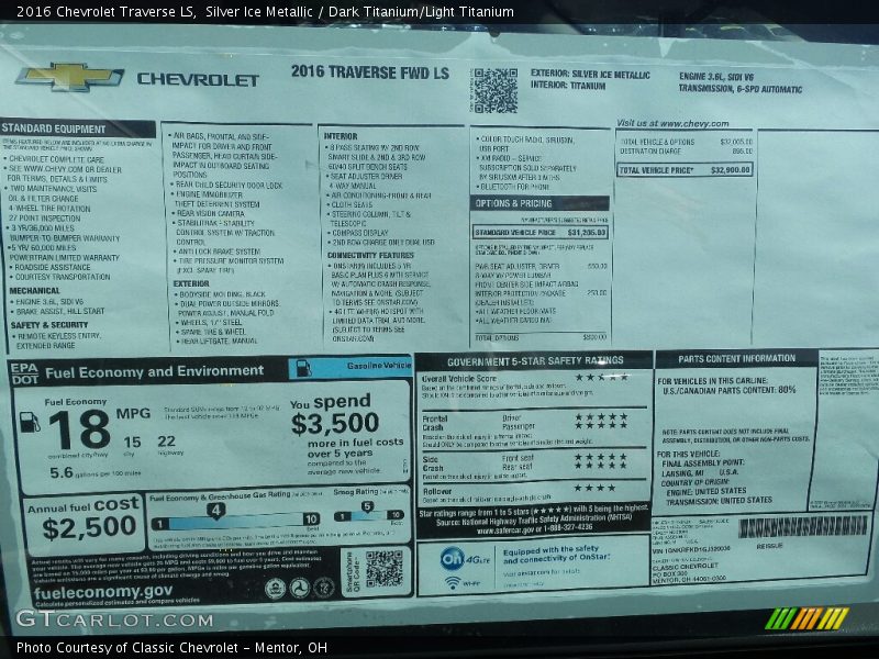 Silver Ice Metallic / Dark Titanium/Light Titanium 2016 Chevrolet Traverse LS