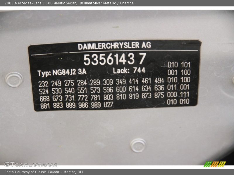 Brilliant Silver Metallic / Charcoal 2003 Mercedes-Benz S 500 4Matic Sedan