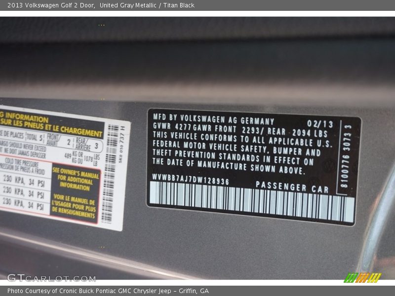United Gray Metallic / Titan Black 2013 Volkswagen Golf 2 Door