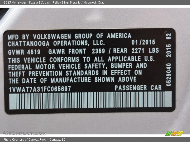 Reflex Silver Metallic / Moonrock Gray 2015 Volkswagen Passat S Sedan