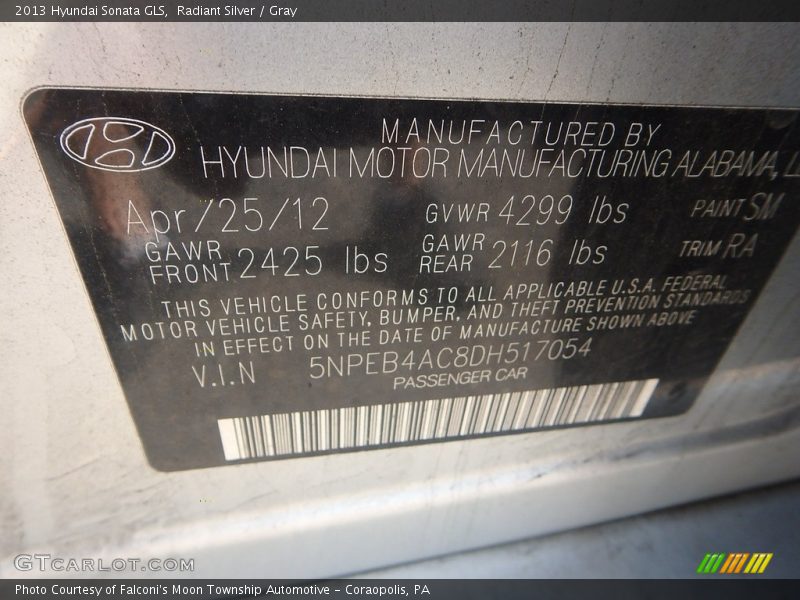 Radiant Silver / Gray 2013 Hyundai Sonata GLS