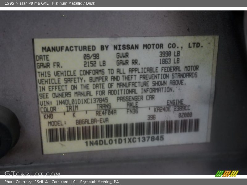 Platinum Metallic / Dusk 1999 Nissan Altima GXE