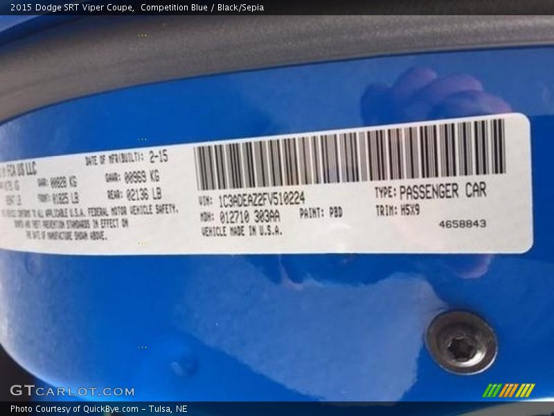 2015 SRT Viper Coupe Competition Blue Color Code PBD
