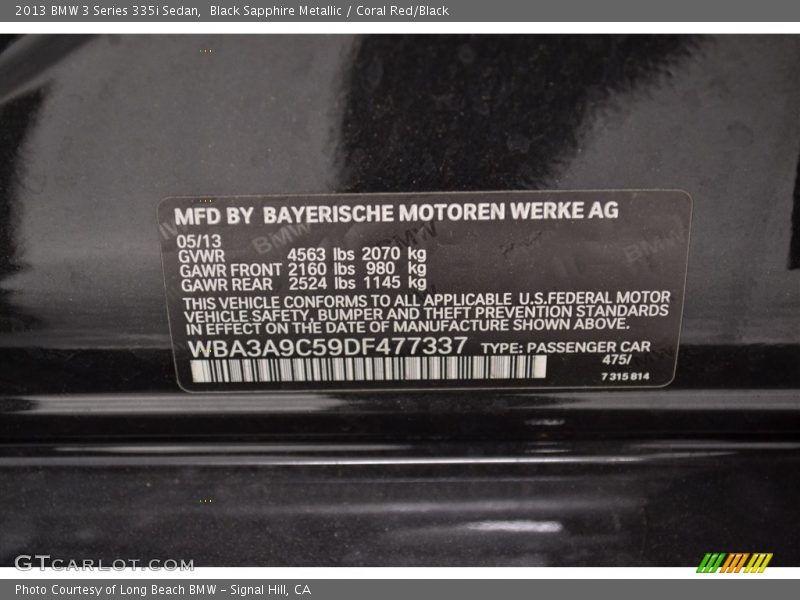 Black Sapphire Metallic / Coral Red/Black 2013 BMW 3 Series 335i Sedan