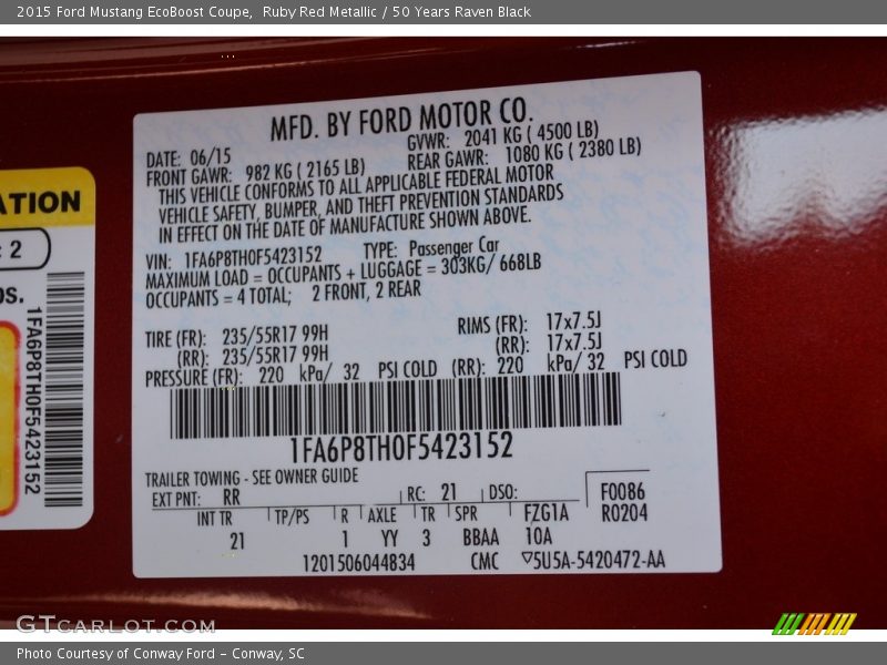 Ruby Red Metallic / 50 Years Raven Black 2015 Ford Mustang EcoBoost Coupe