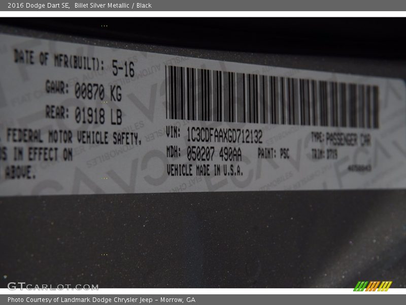 Billet Silver Metallic / Black 2016 Dodge Dart SE