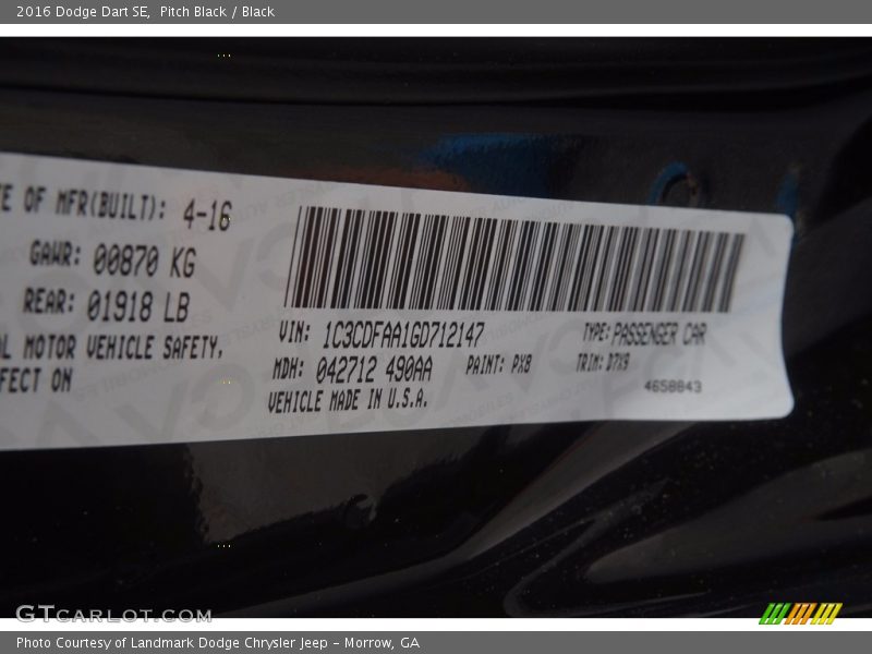 Pitch Black / Black 2016 Dodge Dart SE