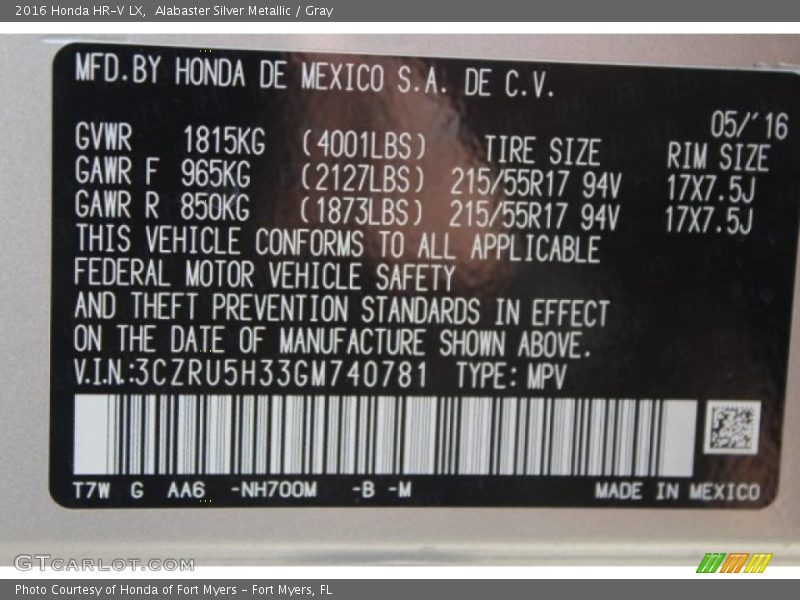 Alabaster Silver Metallic / Gray 2016 Honda HR-V LX