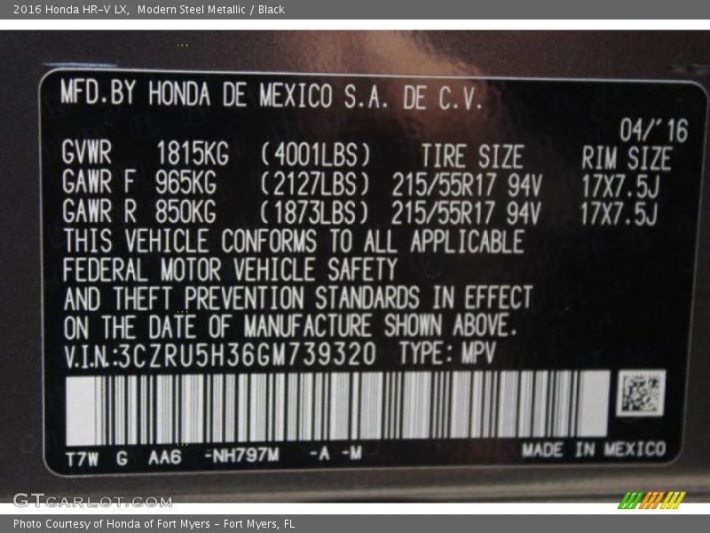 Modern Steel Metallic / Black 2016 Honda HR-V LX