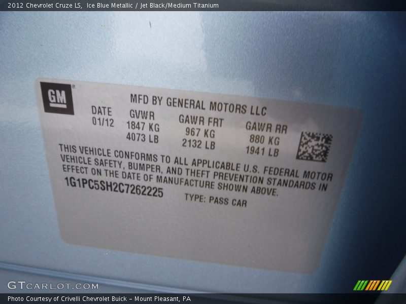 Ice Blue Metallic / Jet Black/Medium Titanium 2012 Chevrolet Cruze LS