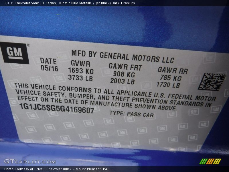 Kinetic Blue Metallic / Jet Black/Dark Titanium 2016 Chevrolet Sonic LT Sedan