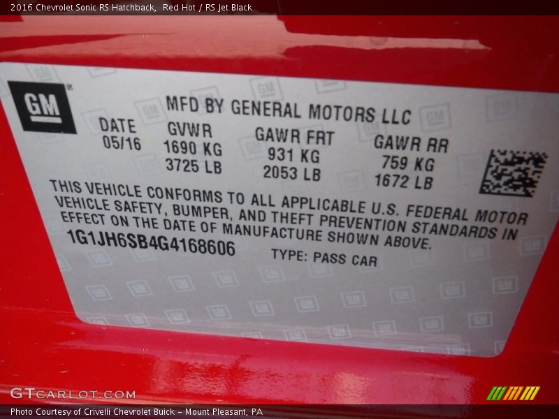 Red Hot / RS Jet Black 2016 Chevrolet Sonic RS Hatchback
