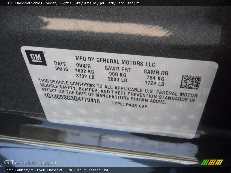 Nightfall Gray Metallic / Jet Black/Dark Titanium 2016 Chevrolet Sonic LT Sedan