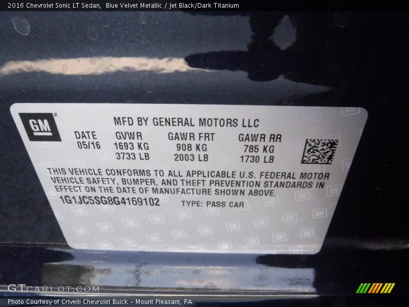 Blue Velvet Metallic / Jet Black/Dark Titanium 2016 Chevrolet Sonic LT Sedan