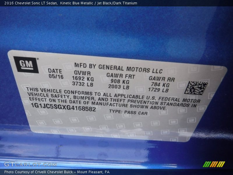 Kinetic Blue Metallic / Jet Black/Dark Titanium 2016 Chevrolet Sonic LT Sedan
