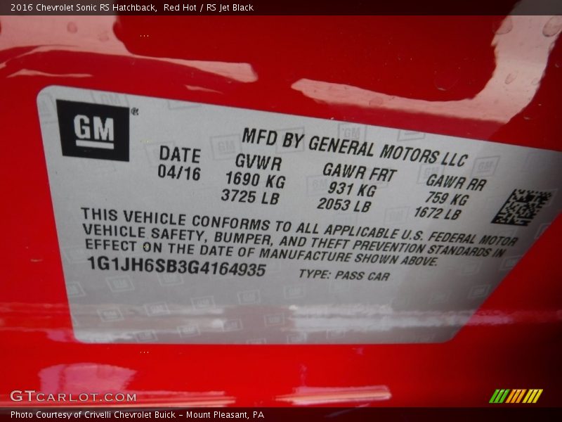 Red Hot / RS Jet Black 2016 Chevrolet Sonic RS Hatchback