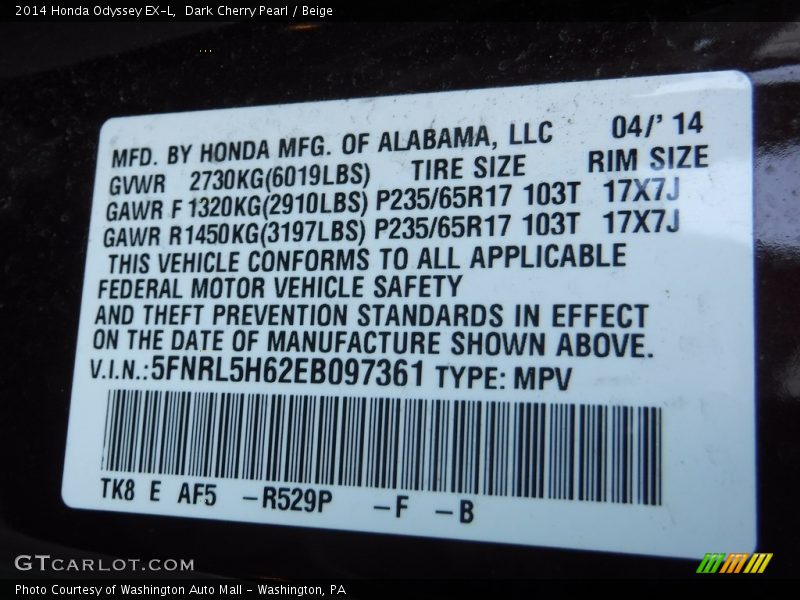 Dark Cherry Pearl / Beige 2014 Honda Odyssey EX-L