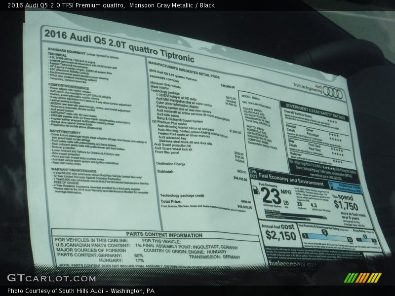 Monsoon Gray Metallic / Black 2016 Audi Q5 2.0 TFSI Premium quattro