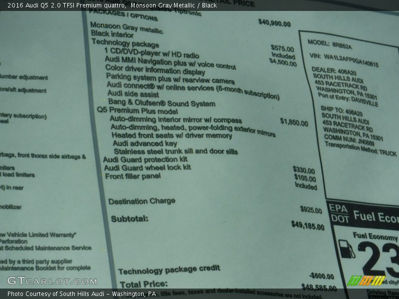 Monsoon Gray Metallic / Black 2016 Audi Q5 2.0 TFSI Premium quattro