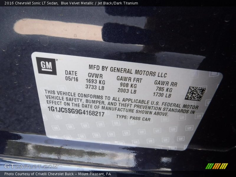 Blue Velvet Metallic / Jet Black/Dark Titanium 2016 Chevrolet Sonic LT Sedan