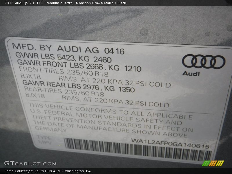 Monsoon Gray Metallic / Black 2016 Audi Q5 2.0 TFSI Premium quattro