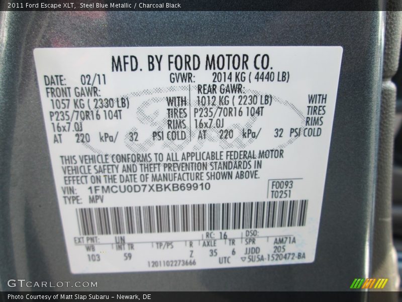 Steel Blue Metallic / Charcoal Black 2011 Ford Escape XLT