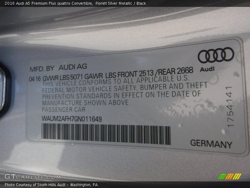 Florett Silver Metallic / Black 2016 Audi A5 Premium Plus quattro Convertible