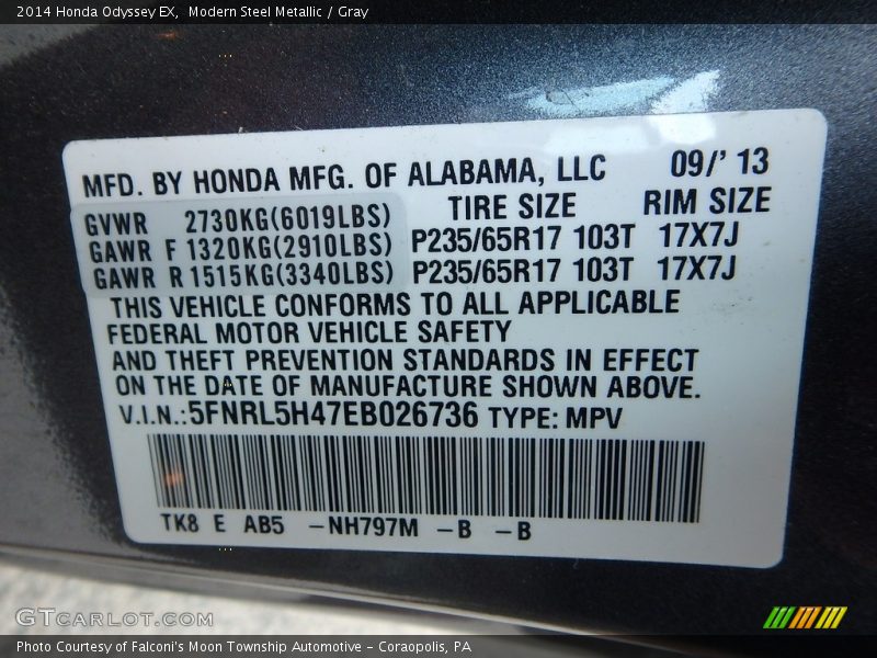 Modern Steel Metallic / Gray 2014 Honda Odyssey EX