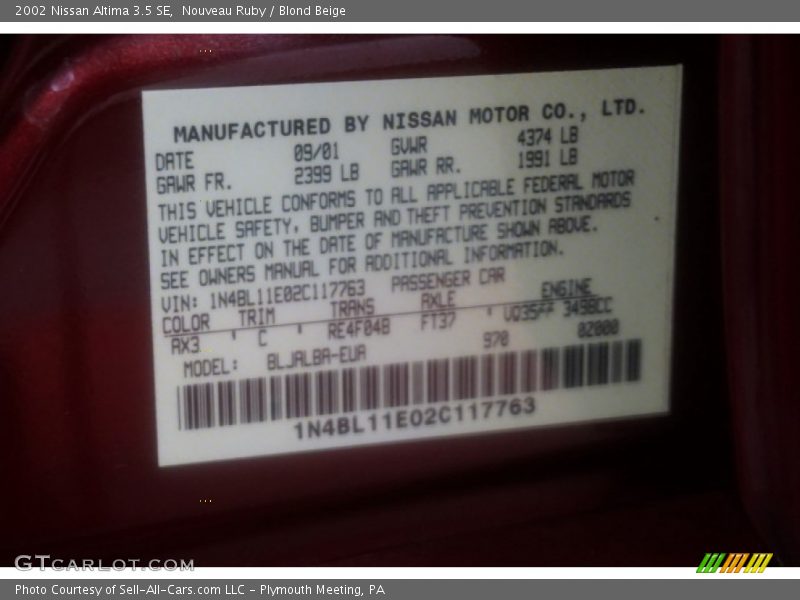 Nouveau Ruby / Blond Beige 2002 Nissan Altima 3.5 SE