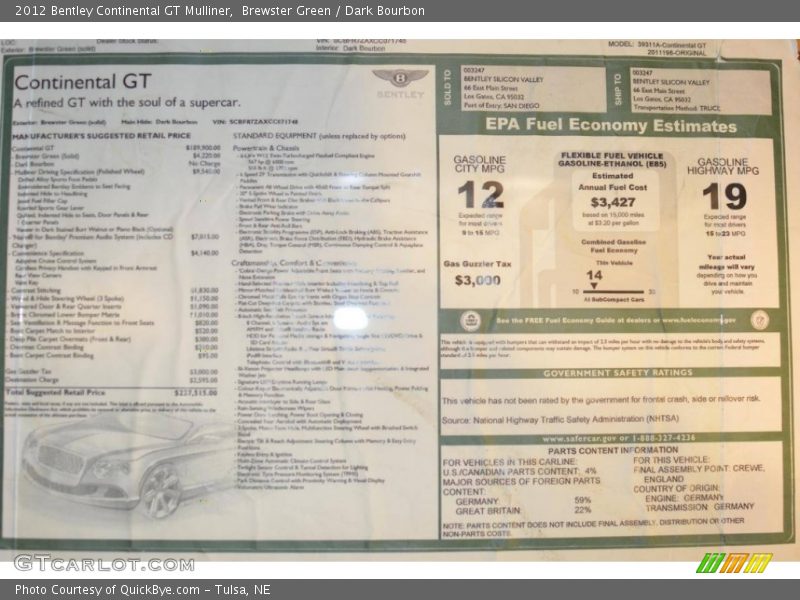 Brewster Green / Dark Bourbon 2012 Bentley Continental GT Mulliner