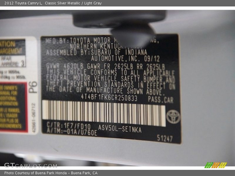 Classic Silver Metallic / Light Gray 2012 Toyota Camry L