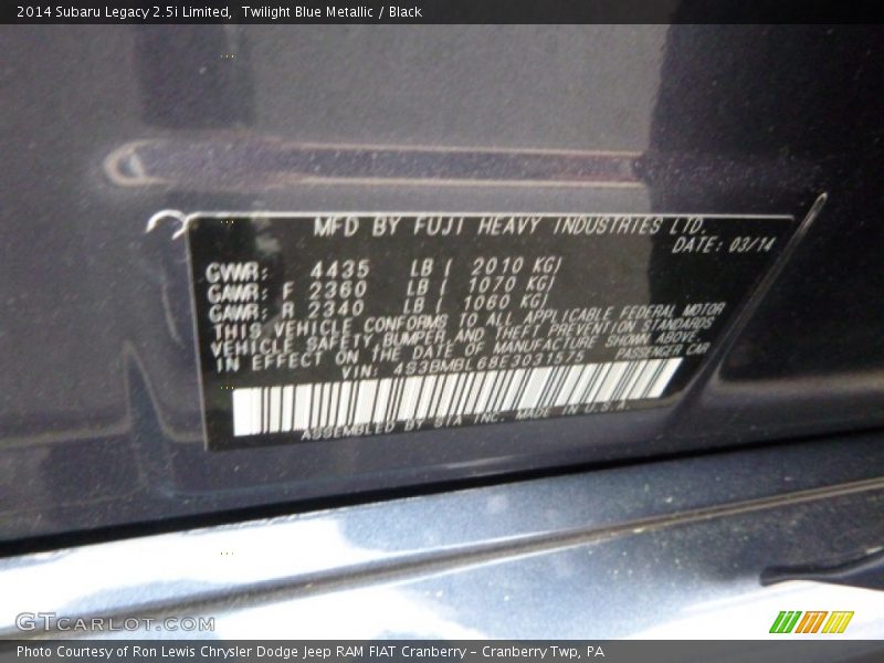 Twilight Blue Metallic / Black 2014 Subaru Legacy 2.5i Limited