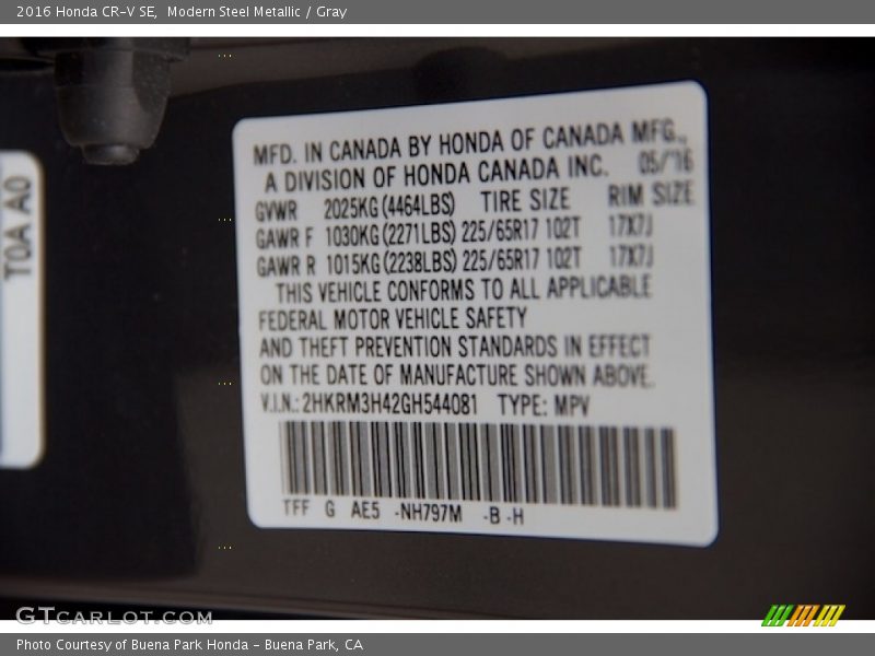 Modern Steel Metallic / Gray 2016 Honda CR-V SE