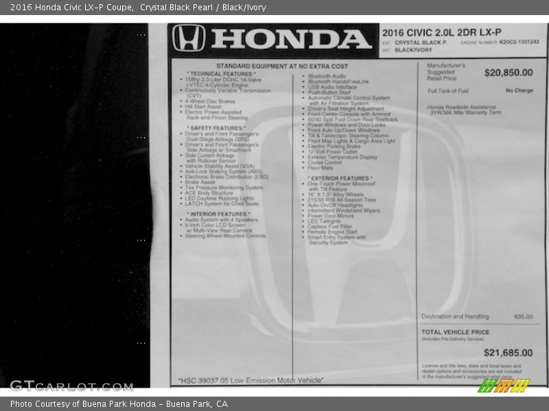 Crystal Black Pearl / Black/Ivory 2016 Honda Civic LX-P Coupe