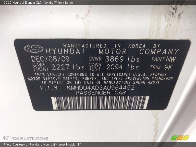 Nordic White / Beige 2010 Hyundai Elantra GLS