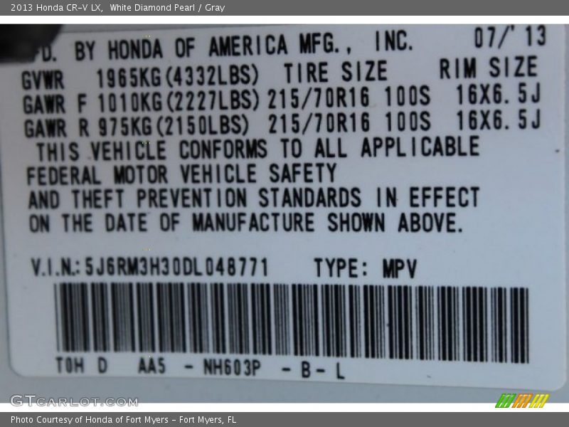 White Diamond Pearl / Gray 2013 Honda CR-V LX