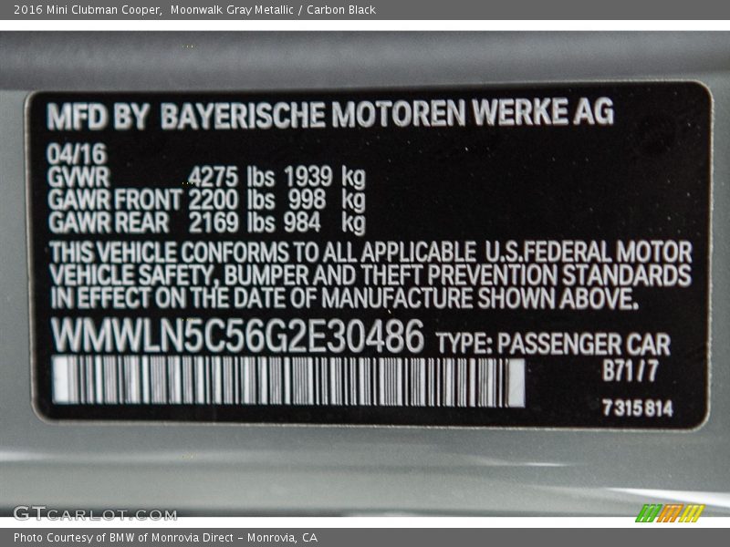 Moonwalk Gray Metallic / Carbon Black 2016 Mini Clubman Cooper