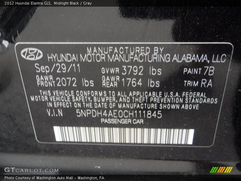 Midnight Black / Gray 2012 Hyundai Elantra GLS