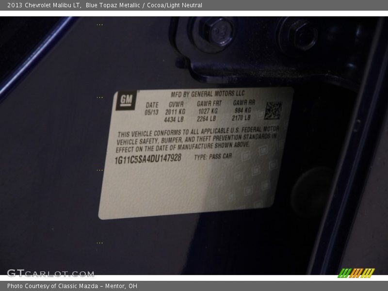 Blue Topaz Metallic / Cocoa/Light Neutral 2013 Chevrolet Malibu LT