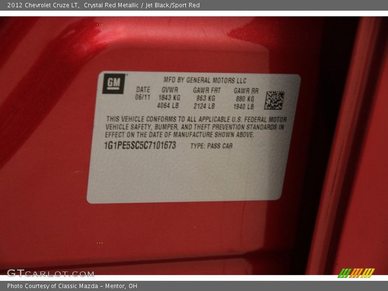 Crystal Red Metallic / Jet Black/Sport Red 2012 Chevrolet Cruze LT