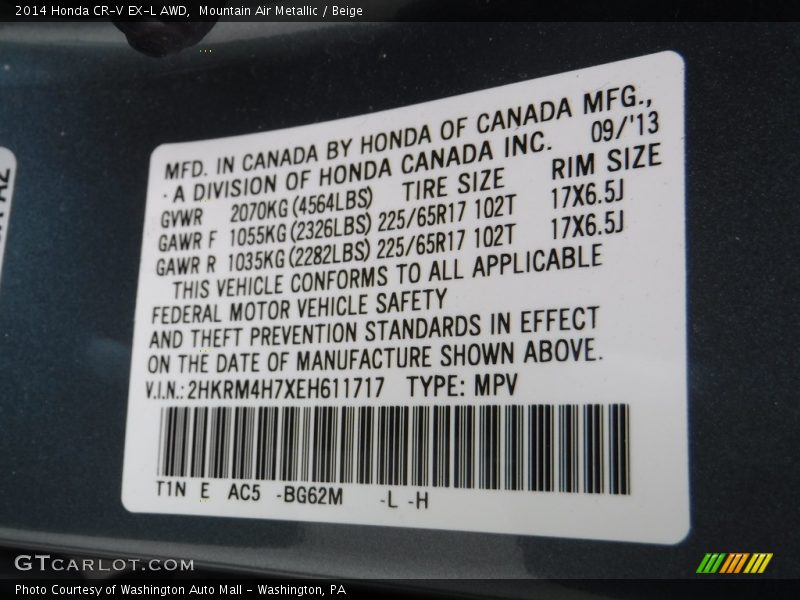 Mountain Air Metallic / Beige 2014 Honda CR-V EX-L AWD