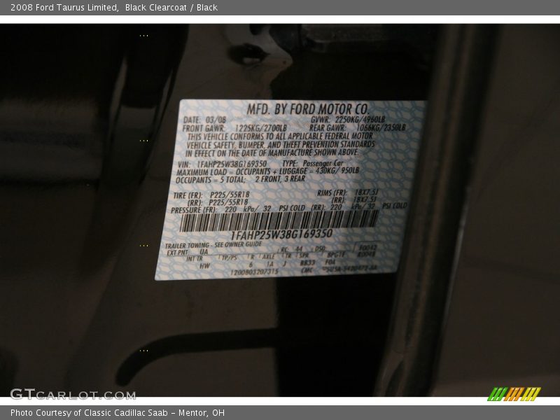 Black Clearcoat / Black 2008 Ford Taurus Limited