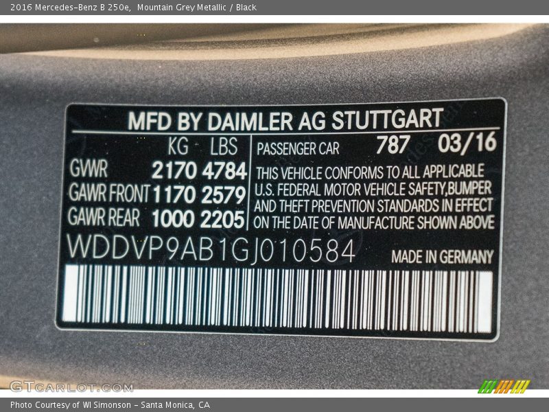 2016 B 250e Mountain Grey Metallic Color Code 787
